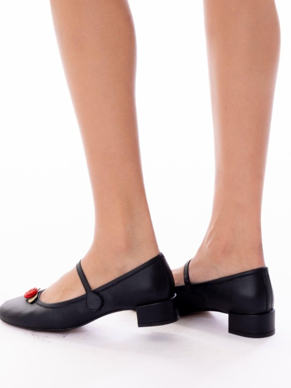 Kitteny Jeanne Black Leather Rose Mary Jane Heels 8.5